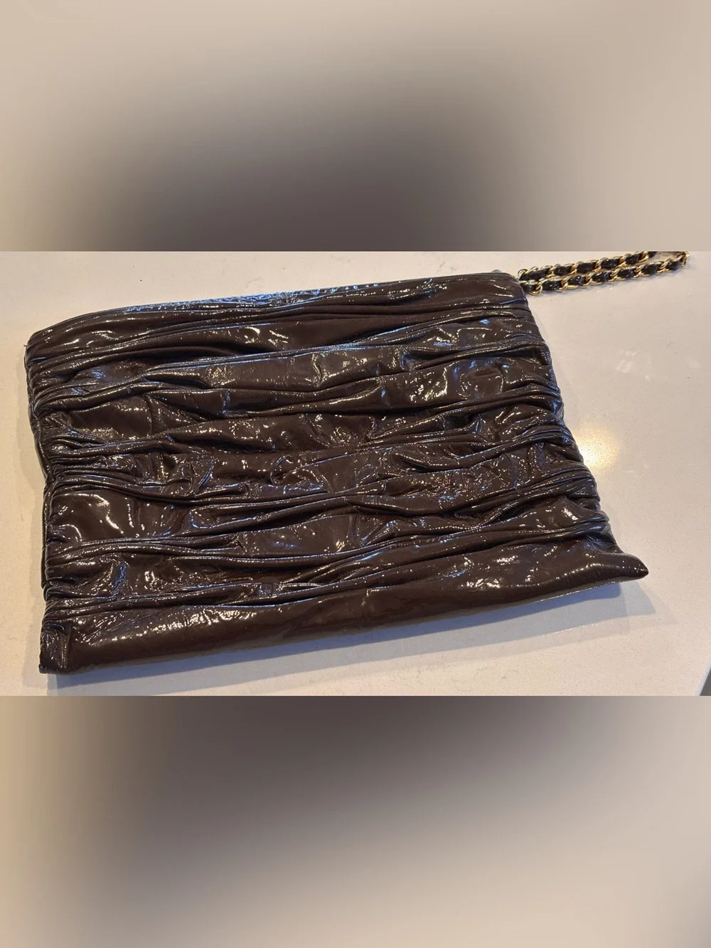 Onna Ehrlich Glossy Ruched Patent Brown Clutch Wristlet